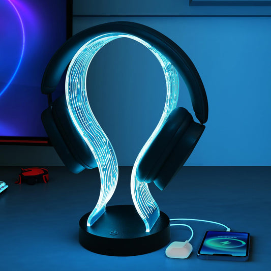Ammonite Light Up Headphone Stand 16 Color Lights Gaming Desk Accessory with 1 USB Charging Port and 1 Type-C Charging Ports USB Power and PCB Pattern Gifts for Gamers Boyfriend Boy Man
